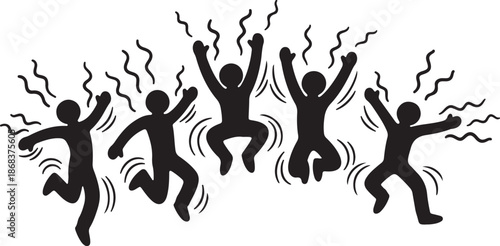 Silhouette of people jumping with excitement and joy together