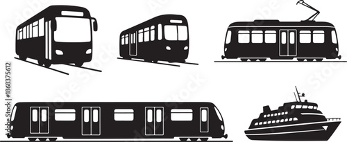 Silhouettes of various public transportation vehicles and a cruise ship