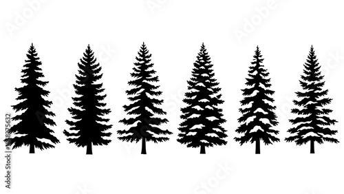 Silhouettes of seven pine trees in a row on a white background creating a nature-themed pattern