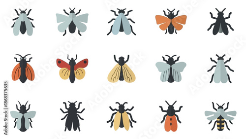 Collection of various illustrated insects including bees beetles and butterflies in different