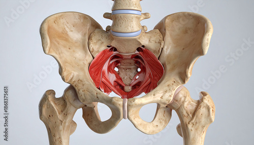 Detailed anatomical model of the human pelvis with pelvic floor muscles highlighted.