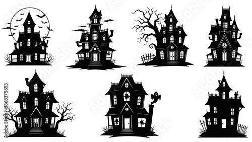 Spooky Haunted House Silhouettes Collection with Gothic Architecture and Creepy Trees for
