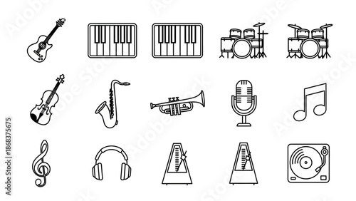 Collection of Musical Instruments and Audio Equipment Icons in Line Art Style for Digital Design