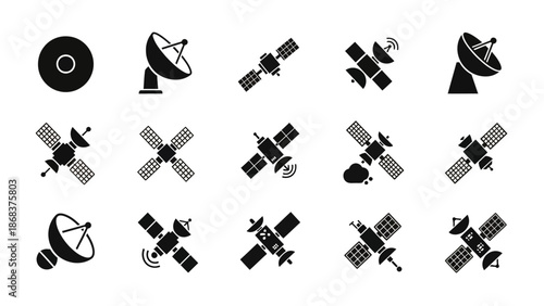 Set of satellite communication and space exploration icons in black silhouette style illustrating