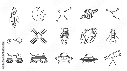Collection of space exploration icons and astronomy symbols in line art style for educational or