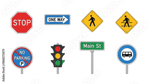 Collection of Road Signs and Traffic Symbols for Traffic Control and Guidance