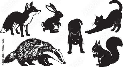 Black and white forest animal silhouettes illustration set