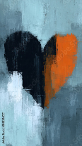 Abstract heart shape black and orange textured brush strokes modern painting blue background emotional contemporary art gentle minimal creative