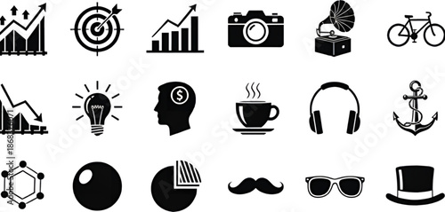 Diverse Black Glyph Icons Set - Hobbies & BusinessSpectraGAN Vector