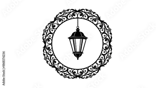 Elegant vintage-style hanging lantern encased in ornate wrought iron circular frame