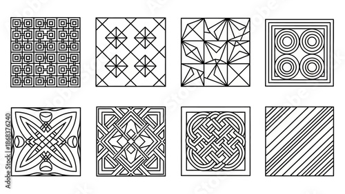 Collection of intricate geometric pattern designs featuring squares, lines, and abstract motifs
