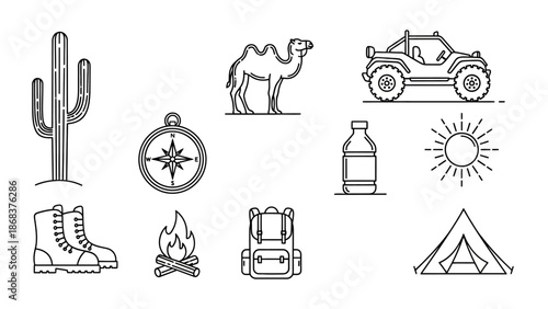 Minimalist line art collection of desert adventure icons including cactus compass and camping gear
