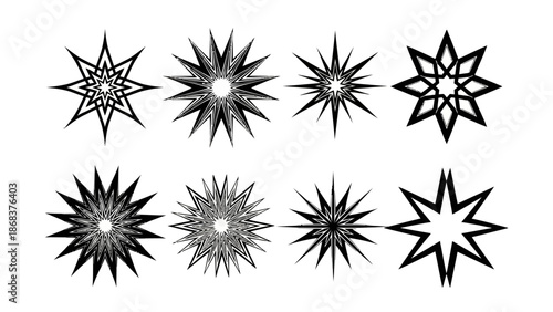 Collection of intricate black and white starburst patterns for decorative design elements