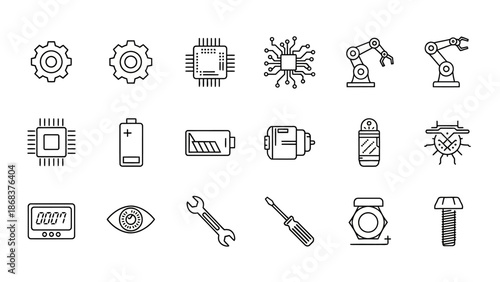 collection of technical and industrial icons representing machinery, electronics, and robotics