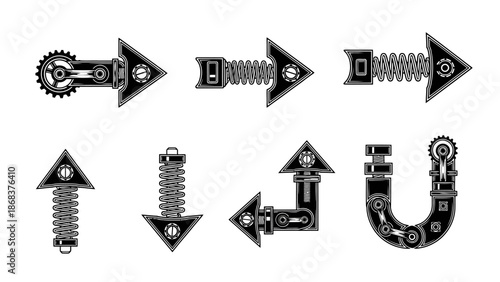 Illustration of mechanical components and gear mechanisms in black and white