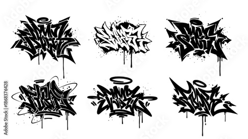 Urban graffiti art with dynamic black and white spray paint tags and stylized lettering