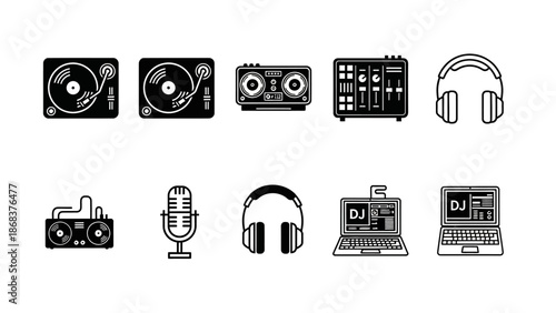 Collection of DJ and music production equipment icons in black and white