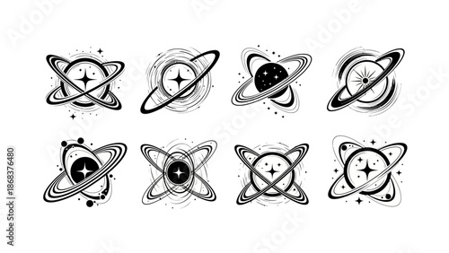 Collection of stylized celestial and atomic orbital icons in monochrome design perfect for