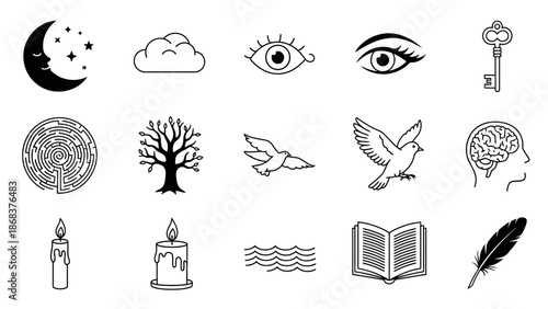 Collection of Minimalist Black and White Icons Representing Nature, Mind, and Imagination Themes