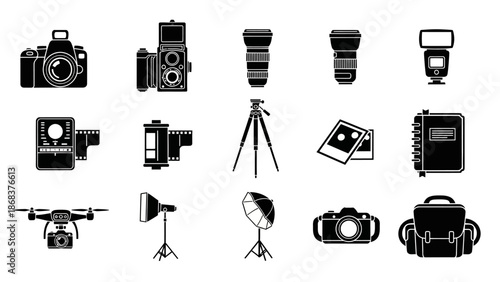 Collection of black and white photography and videography equipment icons