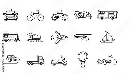 Collection of Various Vehicles and Transportation Modes Line Art Illustrations for Design Projects