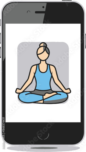 mobile phone displaying a cartoon woman meditating in lotus position on screen  healthy lifestyle concept