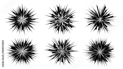 Collection of six black and white starburst vector illustrations with varying symmetrical
