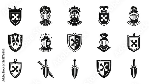 Set of 14 medieval knight shields and swords with heraldic symbols in black and white