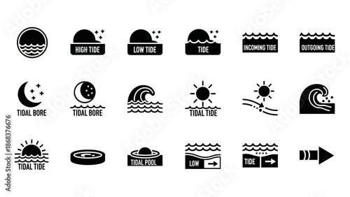 Collection of water tide and wave icons illustrating various ocean and tidal conditions in minimal