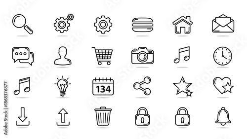 Collection of minimalistic black and white icons representing technology and daily life elements