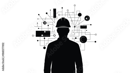 Silhouette of engineer wearing safety helmet surrounded by abstract technological network data visualization