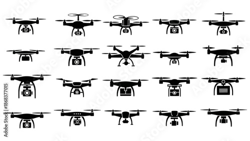 Collection of Various Drone Silhouettes Displaying Different Models and Designs for Aerial