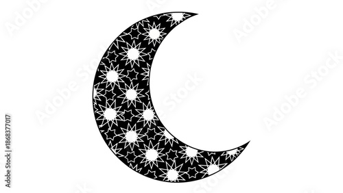 Intricate black and white crescent moon with detailed geometric star patterns for artistic and