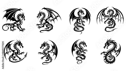 Set of eight black and white dragon illustrations featuring various poses and styles