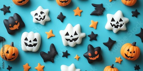 Cheerful turquoise background with friendly Halloween stars