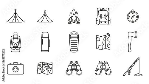 minimalist outdoor camping and adventure icons set with tents, fire, backpack, and navigation tools