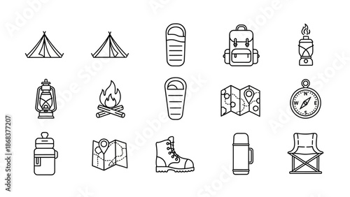 Outdoor camping gear and equipment line icons suitable for adventure and travel themed design