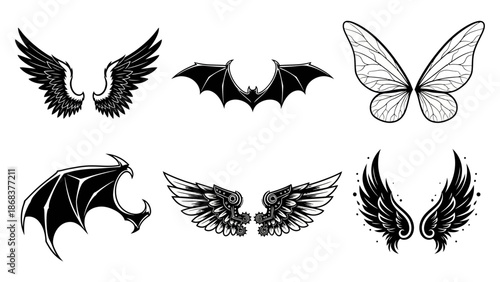 Collection of Various Black and White Winged Creatures Including Angels Bats Butterflies and