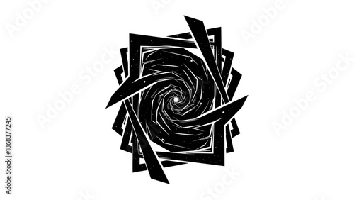 Abstract black and white swirling vortex design with geometric sharp edges for visual effect and