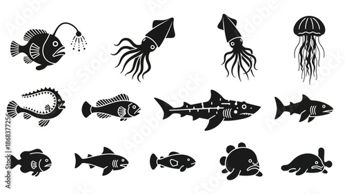 Collection of Black Silhouettes of Various Scuba Diving and Marine Life Creatures