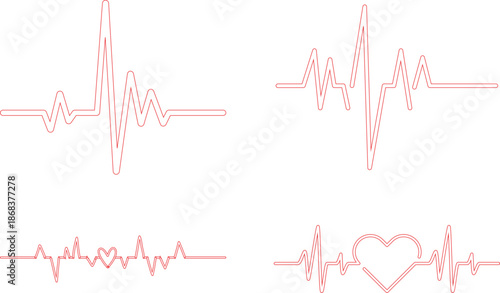 Heart Rhythm Icon set. Electrocardiogram, ECG - EKG signal, Heart Beat pulse line concept design element. Heartbeat line, pulse, cardiogram, medical health care, heart rhythm, red outline vector.