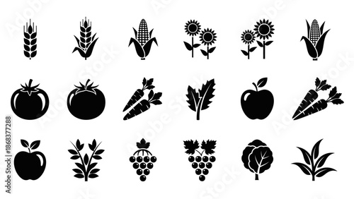 Silhouette icons of various fruits vegetables and grains in simple black design