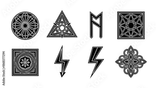 Collection of intricate black and white geometric and mystical symbols for design and decoration