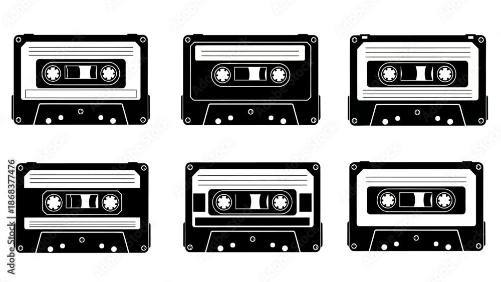 Obraz premium Collection of Six Classic Audio Cassette Tapes in Black and White Minimalist Style for Retro Music