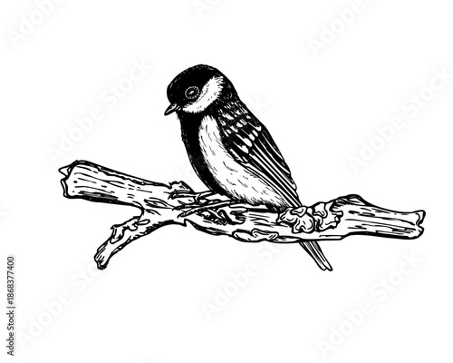 Titmouse sitting on tree branch covered in moss or lichen vector isolated illustration. Hand drawn passerine bird in winter or autumn season. Dried broken twig and tit graphic sketch