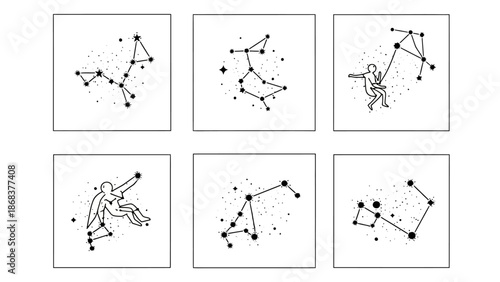Illustration of Human Figures Interacting with Constellations and Star Maps in Artistic Line