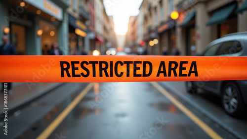 Wide orange restricted area tape stretched across urban transport zone entrance during lockdown