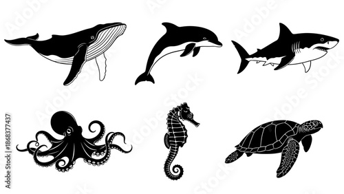 Diverse Marine and Oceanic Animals Illustration Set in Black Silhouettes for Educational and