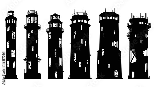 Silhouettes of various lighthouse structures standing tall against a white background