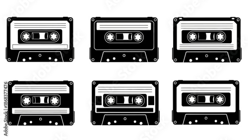Collection of Six Classic Audio Cassette Tapes in Black and White Minimalist Style for Retro Music